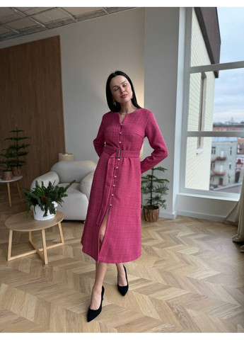 Фуксиновое (цвета Фуксия) праздничный, коктейльное, вечернее платье из твида «шанель» в длине меди с длинным рукавом No Brand