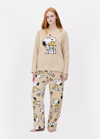 Бежевая зимняя мягкая плюшевая пижама eanuts snoopy домашний комплект бежевый (8149) свитшот + брюки Primark