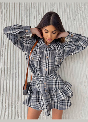 Серый костюм-двойка в клетку с поясом в комплекте, стильный и лёгкий, идеально подходит для элегантных повседневных образов No Brand 739 (322055899)