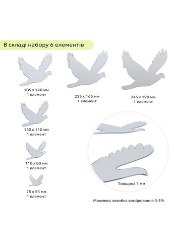 Дзеркальний декор акриловий самоклеючий Птахи срібло, 6шт (D) SW-00002520 Sticker Wall (338854533)