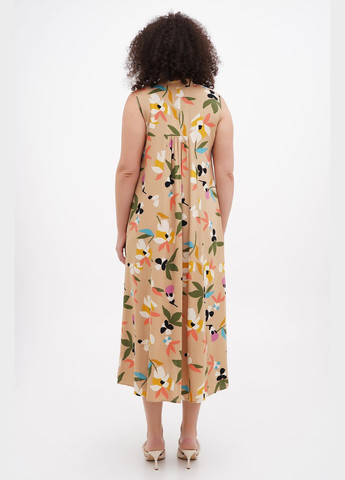 Бежева довга вільна сукня з віскози без рукавів аміна, яскравий квітковий принт, з кишенями., р., код 0419/54/606 ГАЛЕРЕЯ ЛЬОНУ