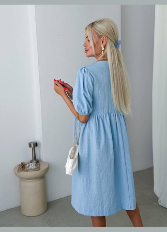 Голубое повседневный, праздничный женское летнее льняное платье миди оверсайз Style Point однотонное