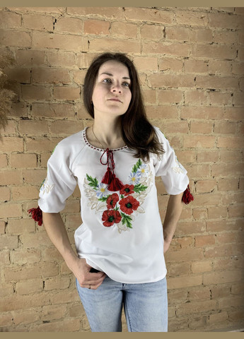 Белая женская вышиванка мак-ромашка НоКо узор цветочный (307926042)