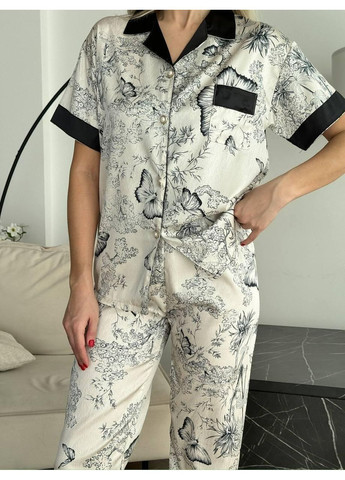 Комбінована жіноча піжама з шовку армані з принтом метелики / піжама жіноча шовкова армані айворі з чорним коміром / комплект жіночої піжами No Brand