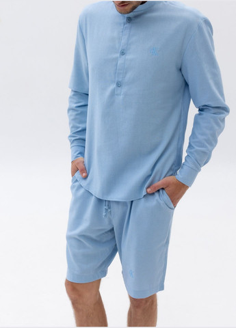 Светло-голубой летний льняный кэжуал костюм из лого ск с рубашкой, с шортами Vakko