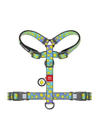 Шлея для собак Nylon анатомічна H-подібна з QR-паспортом "Смайли на блакитному" пластиковий фастекс, XL (346-0182) WAUDOG Nylon анатомічна H-подібна з QR-паспортом "Смайли (366698296)