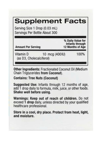 Витамин D3 для детей в каплях, 10 мкг (400 МЕ), 10 мл California Gold Nutrition (333337559)