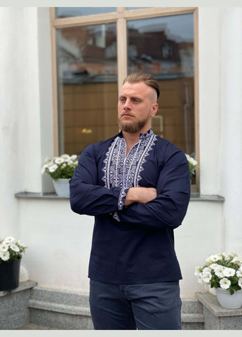 Темно-синя вишиванка чоловіча з бавовни BeART візерунок орнамент вільна бавовна (300530462)