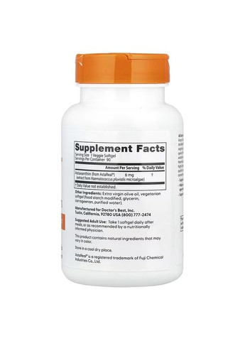 Астаксантин, 6 мг, Astaxanthin,, 90 вегетаріанських капсул Doctor's Best (330626566)