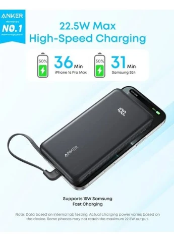 Портативний зарядний пристрій 10000 mAh 22.5W Built-In USB-C Cable Black Anker (381423393)