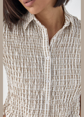 Кофейная полосатая блуза с эффектом жатки Lurex