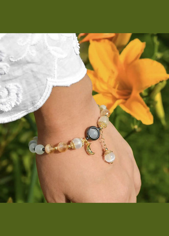 Браслет натуральний Селеніт, Котяче Око синт., Цитрин гранований +вставки, фур-ра гіп-ний сплав d-8мм+- L-18см No Brand браслет (307173552)