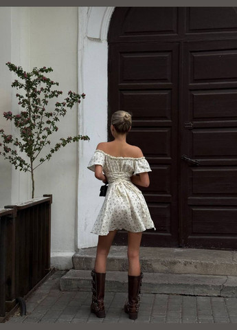 Кремова святковий, коктейльна, повсякденний, відвертий, вечірня муслінова сукня міні Україна з квітковим принтом