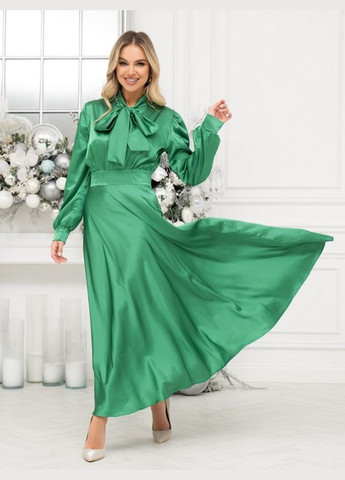 Зелена вечірня зелена шовкова сукня з бантом ISSA PLUS однотонна