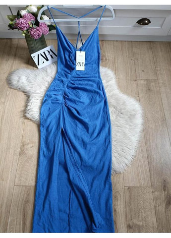 Синя сукня міді з льоном і зборками Zara