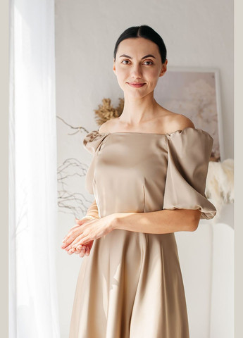 Коричнева жіноча сукня “caramel flow” з обʼємними рукавами Lana Bryk однотонна