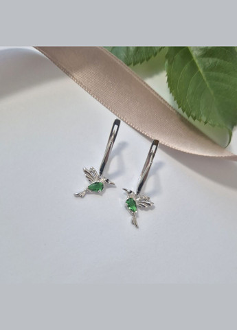 Срібні сережки з Підвіскою Колібрі із Зеленими каменями срібло 925 проби Родоване 5000135р 2.20г No Brand (341275240)