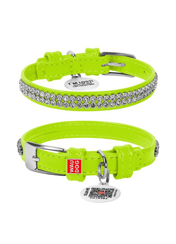 Нашийник для собак шкіряний Glamour з QR паспортом, з прикрасою "Полотно стрази",, Ш 12 мм, Дов 21-29 см салатовий WAUDOG (322002584)