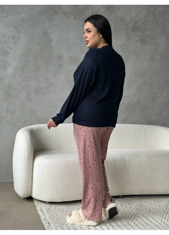 Комбинированная женская пижама plus size темно-синяя с розовыми брюками, мягкий трикотаж / пижама большого размера с принтом звездочки, длинный рукав No Brand