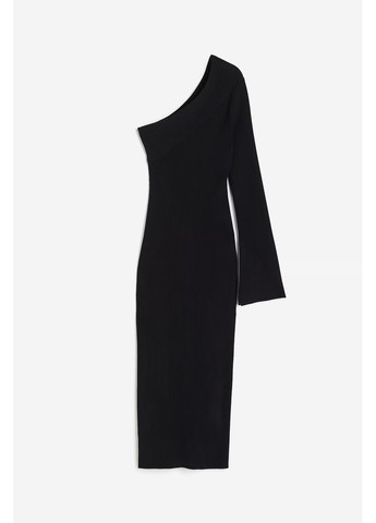 Черное платье на одно плечо из трикотажа в рубчик женское черное l H&M однотонное