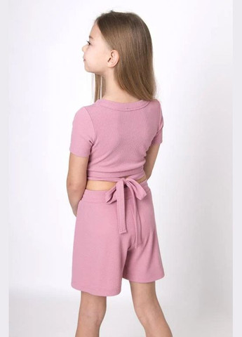 Розовый летний костюм топ и шорты в рубчик Mevis