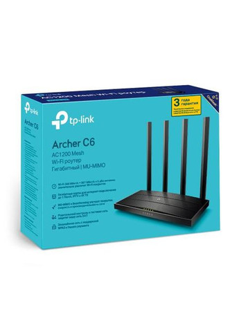 Роутер Archer C6, Wi-Fi 802.11a/b/g/n/ac, до 1167 Mb/s, 2.4/5GHz, 4 LAN 10/100/1000 Mb/s, RJ45 10/100/1000Mb/s (FE), 4 TP-Link (334116560)