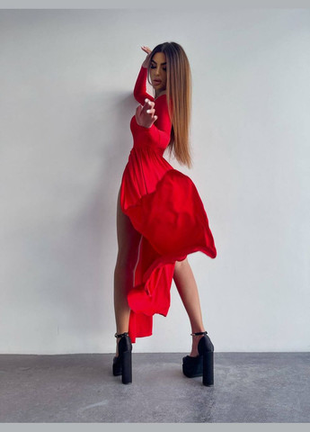 Красное красивое красное платье-макси с открытыми плечами и длинным рукавом, длинное трикотажное платье с разрезом от бедра No Brand