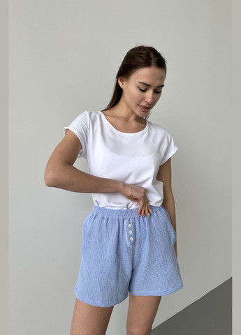 Синя всесезон піжамний комплект жіночий футболка біла та шорти муслінові футболка + шорти German Volf