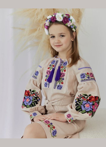 Бежевая платье вышиванка для девочки традиционное лен, платье с вышивкой для девочки, (341327523)