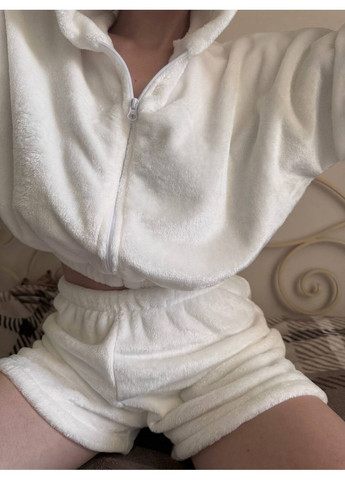 Белая зимняя пижама махра плотная двусторонняя, кофта с ушками на капюшоне, шорты Україна