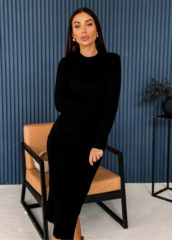 Черное повседневный повседневное вязаное меди платье с разрезом силуэтная Allthings однотонное