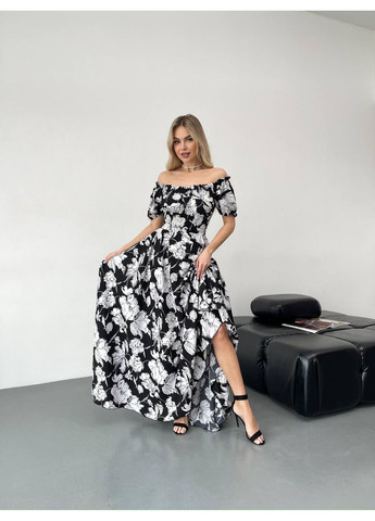 Чорно-білий святковий, повсякденний, вечірня, пляжна, кежуал жіноча довга сукня з відкритими плечима Vakko з квітковим принтом