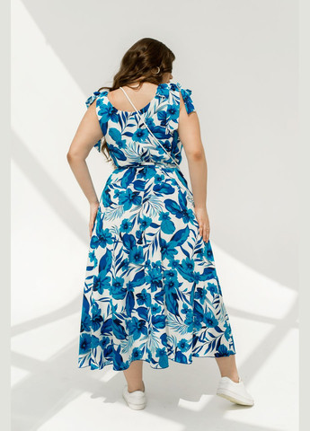 Синее повседневный летнее платье макси с поясом а-силуэт No Brand с цветочным принтом