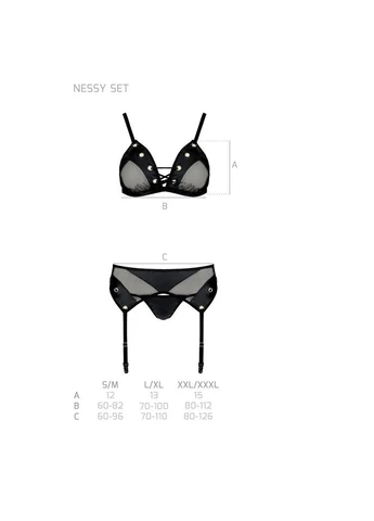 Чорний демісезонний комплект білизни nessy set s/m black, бюстгальтер, пояс для панчіх, стрінги Passion