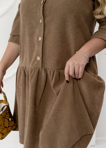 Светло-коричневое праздничный, повседневный, вечернее вельветовое платье-рубашка свободного фасона а-силуэт с длинными рукавами колокол, а-силуэт, рубашка No Brand однотонное