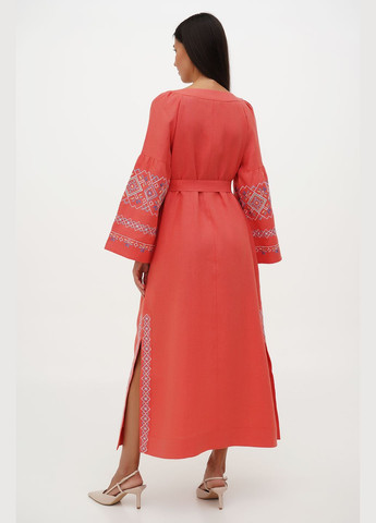 Червона вишита сукня з льону під пояс із геометричним орнаментом та рукавом реглан обрій., р., код 0403/44/369 ГАЛЕРЕЯ ЛЬОНУ