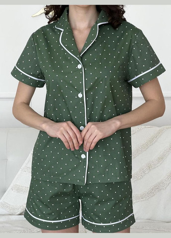 Зеленая всесезон пижама домашняя женская из сатина шорты + рубашка в горошек рубашка + шорты Cosy S520P