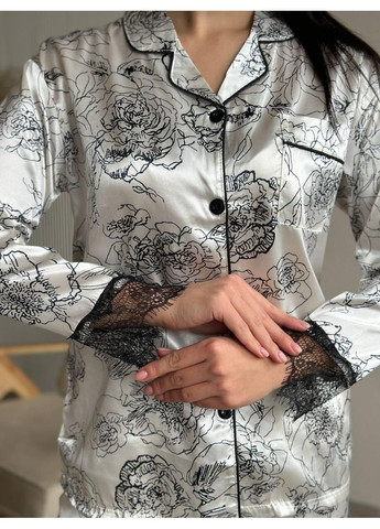 Комбінована жіноча піжама із шовку з квітковим принтом і мереживом / шовкова піжама жіноча сатинова з мереживними вставками No Brand