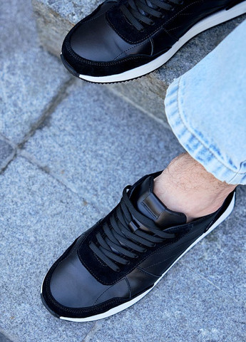 Черные демисезонные мужские кроссовки из натуральной кожи черного цвета 35474 No Brand