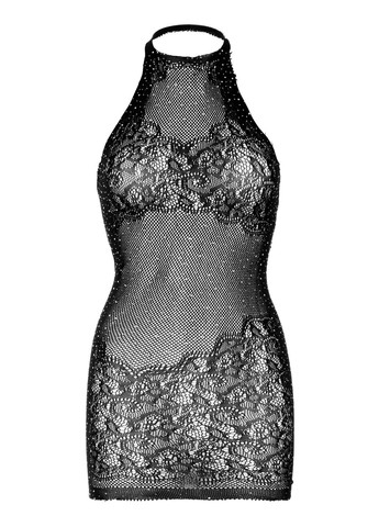 Черное платье-сетка со стразами rhinestone halter mini dress black, открытая спина, one size Leg Avenue