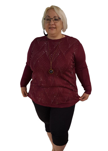 Бордовый демисезонный джемпер однотонный с длинным рукавом и узором из стразов, батал в цвете. No Brand