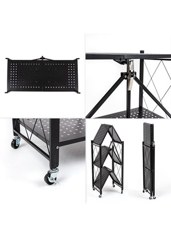 Стелаж мобільний триярусний універсальний розкладний з нержавіючої сталі чорний 89*72*34см SW-00002097 No Brand (328633407)