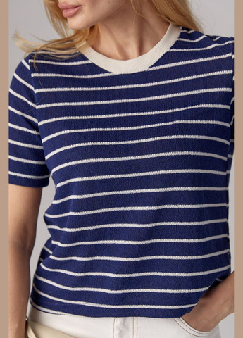 Синяя летняя вязаная женская футболка в полоску - бежевый Lurex