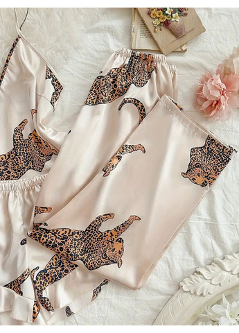 Бежева всесезон жіноча піжама лео трійка (топ+шорти+штани) s No Brand