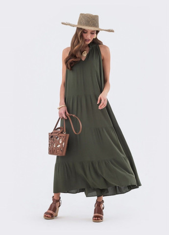Оливковое (хаки) длинное платье цвета хаки с американской проймой Dressa