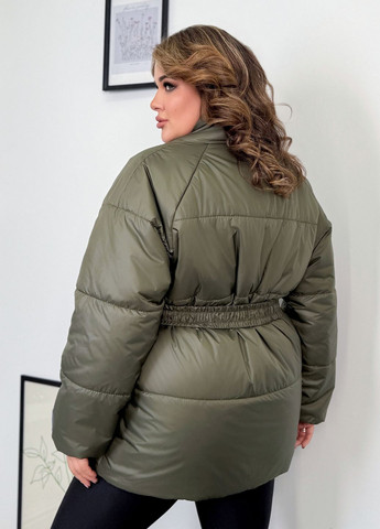Оливкова (хакі) зимня куртка жіноча на запах з поясом без капюшона No Brand