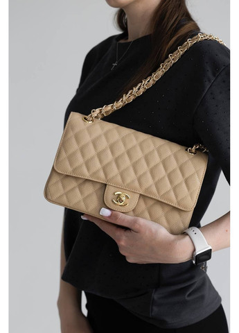 Шкіряна жіноча сумка класична Chanel Classic 2.55 Medium Double Flap in Beige/Gold бежева No Brand (369653491)