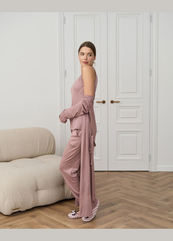 Пудрова комплект-трійка однотонна майка, штани та халат Nicoletta