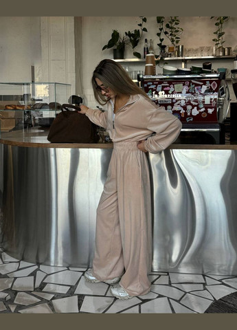 Плюшевий стильний комбінезон Vakko комбінезон-брюки однотонний бежевий спортивний, повсякденний, кежуал велюр