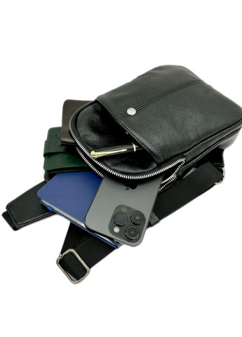 Стильная мужская сумка-слинг нагрудная из натуральной кожи на молнии, чёрная 816510 LQ 817510 (278649322)